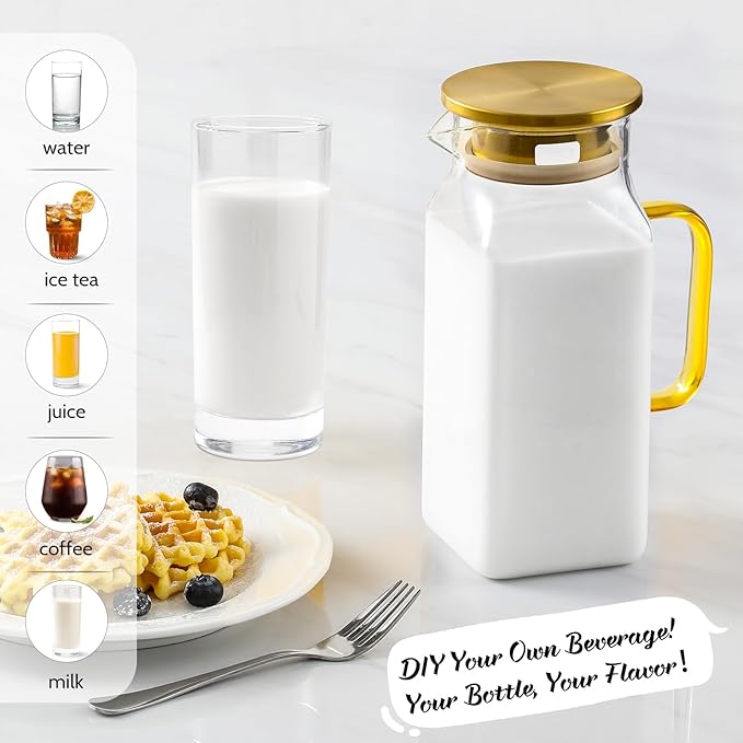 40 oz,1.2Liter Square Glass Pitcher with Lid and Spout, Water Pitchers with Handle for Fridge, Borosilicate Glass Carafe for Hot/Cold Drink, Large Jug for Iced Tea, Coffee, Beverage, Cold