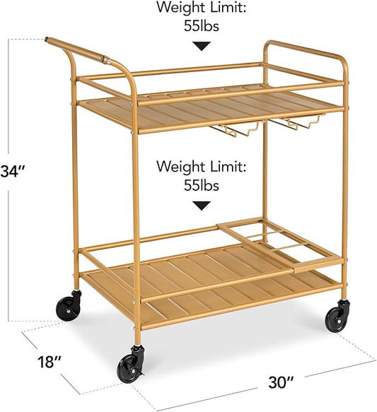 Best Choice Products Rolling Bar Cart, Mobile Home Bar Serving Cart, Serving Station w/ 2 Tier Shelves, Wine Rack, Lockable Wheels - Gold