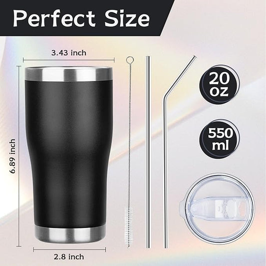 MEZMUT 4 Pack 20oz Insulated Coffee Tumbler with Lid and Straw Double Wall Vacuum Insulated Cup Stainless Steel Travel Mugs Leakproof Powder Coated Tumbler for Indoor Outdoor(Black)