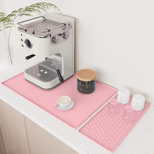 Silicone Coffee Mat Set - Includes Removable Drying Pad, Raised Edges for Non-Leak and Non-Slip, Suitable for Kitchen Coffee Machines and Countertop Protection, Bar Decor Pad (Pink, 24" x 16")