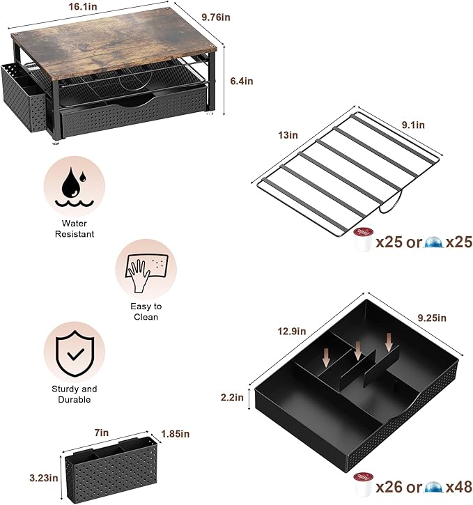 K Cup Holder, Coffee Pod Holder with 2 Tier Sliding Storage Drawer and 1 Hanging Basket for 51 Large or 73 Small Capsule,K Cup Coffee Station Organizer Accessories for Counter,Home,Office,Kitchen