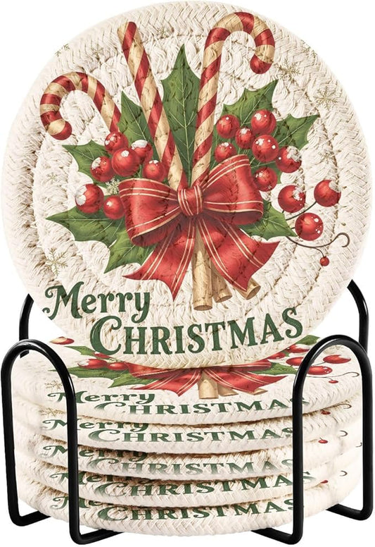 Christmas Coasters with Holder Merry Christmas Bow Candy Holly Canes Coasters Set of 6 Cotton Woven Absorbent Cup Coaster Xmas Holiday Party Table Decor 4 Inches