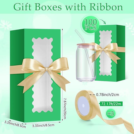 Windyun 100 Pcs Tumbler Gift Boxes for Sublimation Glass Exhibition Boxes Transparent for 12oz 16oz 20oz Shipping Cup Exhibition Packaging for Jars Mug Can Party Supplies(Green)
