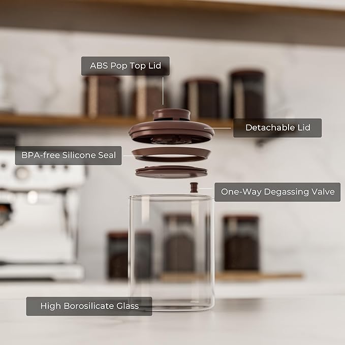6OZ Clear Glass Coffee Canister with Pop Lid - Airtight Coffee Jar for Picnic, Travel & Camping - Air Tight Food Container for Beans & Tea