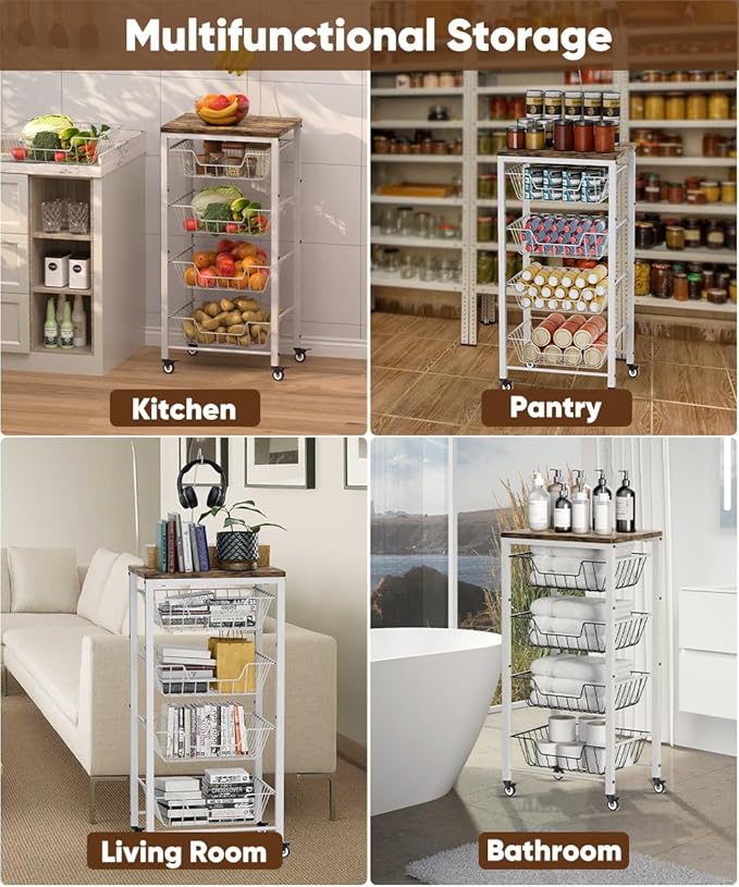 Fruit Vegetable Storage Cart for Kitchen, 5-Tier Vegetable Stand Rack with Pull-Out Fruit Baskets, Rolling Snack Cart with Wood Top & Banana Holder for Pantry, Living Room, Bathroom, White