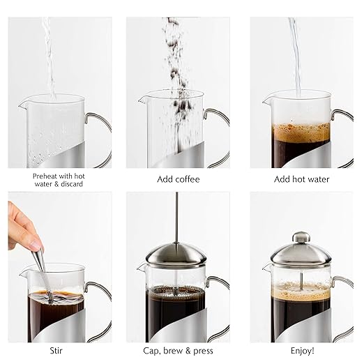 OVENTE French Press Coffee Maker 34 Ounce with Heat Resistant Borosilicate Glass, Stainless Steel Design and 4-Level Filter System, Portable Cold Brewer Pot for Travel, Camping or Gift, Silver FSL34S