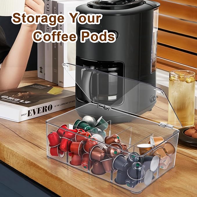Coffee Pod Holder Storage for Counter, Clear Organizer for K Cup, Compatible with Nespresso OriginalLine VertuoLine Capsules & Keurig, Acrylic Coffee Pods Holder with Lid - Clear