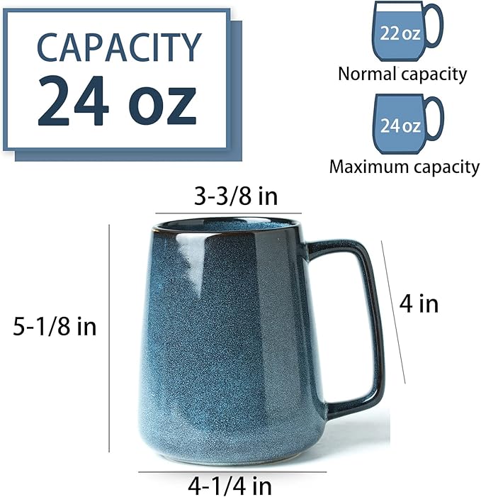 Large Ceramics Coffee Mugs, 24 OZ Large Handle Coffee Mugs, Extra Large Tea and Coffee Cup for Office and Home, Microwave and Dishwasher Safe (24 OZ Blue)
