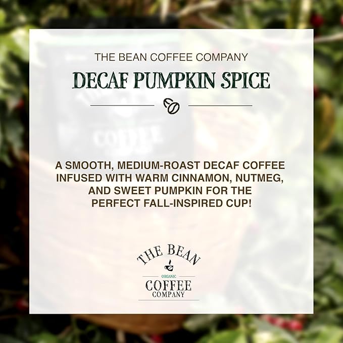 The Bean Organic Coffee Company Water Processed DECAF Pumpkin Spice, Medium Roast, Ground Coffee, 16-Ounce Bags (Pack of 2), Café Molido Tostado Orgánico descafeinado