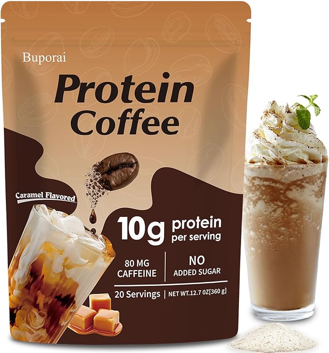Protein Coffee Powder - Caramel Protein Iced Coffee, 0g Sugar, Keto Friendly, 80 mg Caffeine Per Serving - 20 Servings