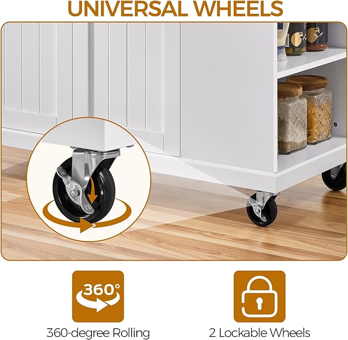 Yaheetech Rolling Kitchen Island Cart with Drop Leaf, Portable Rubberwood Breakfast Bar with Storage Cabinet, Open Shelves & Detachable Towel, 2 Drawers, White