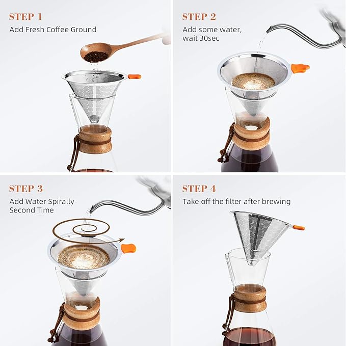 E-PRANCE Pour Over Coffee Dripper, Stainless Steel Coffee Filter Reusable Pour Over Coffee Filter Cone Coffee Dripper with Removable Cup Stand and Bonus Brush