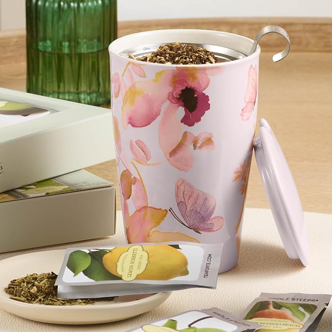Tea Forte Double-Walled Ceramic Kati Cup, Removable Stainless Steel Infuser Basket and Lid, Steeps 12 oz Loose Leaf Tea, Dishwasher & Microwave Safe, Mariposa