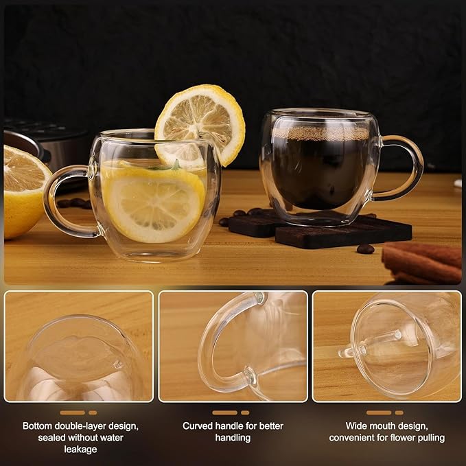 2.5oz Espresso Cups Set of 4, Small Expresso Shot Glass, Clear Expresso Coffee Cup with Handle, Double Wall Insulated Espresso Mugs,Tazas De Cafe Expreso, Suif for Espresso Machine Accessories