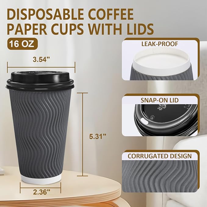 Clawsoff 500 Pack Coffee Cups with Lids 16oz, Disposable Insulated Ripple Wall To Go Paper Coffee Cups for Hot/Cold Drinks Office Home Shop Event (Grey)
