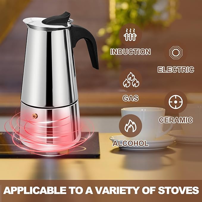 DITOSH 2 Cup Stovetop Espresso Maker Stainless Steel Moka Pot Stove Top Percolator Italian Coffee Makers Capable Mocha Greca Machine Cafe Classic Induction Cookers for Home and Camping 100ml 3.3oz