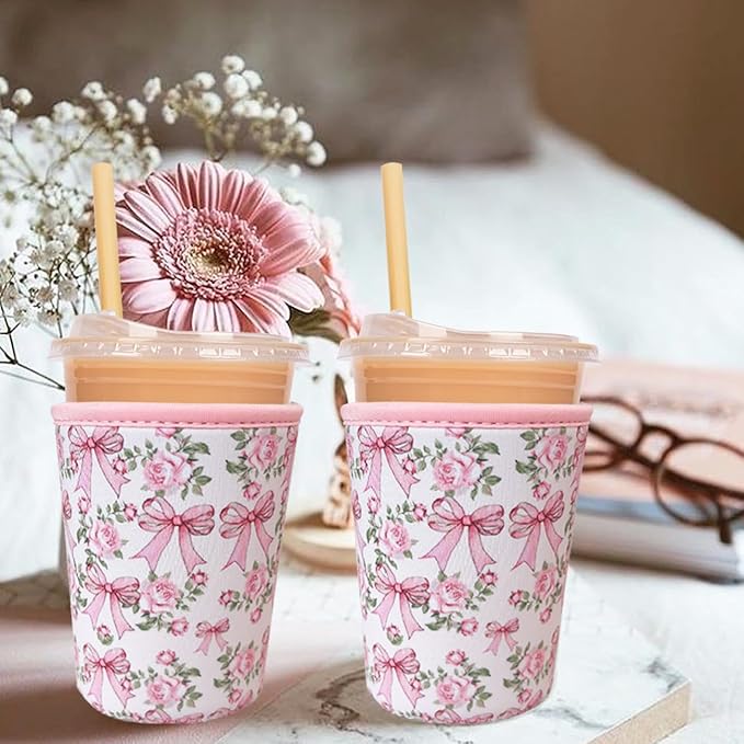 Reusable Insulated Neoprene Iced Coffee Cup Sleeve, Durable Drink Sleeve for Cold Beverages, Beverage Holder for Iced Coffee, Ribbon Rose
