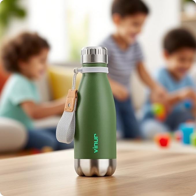 VINUR Kids Water Bottle-12 oz Stainless Steel Double Wall Vacuum Insulated Water Bottle for School-Cola Shape Flask with Carry Rope(Grass Green)