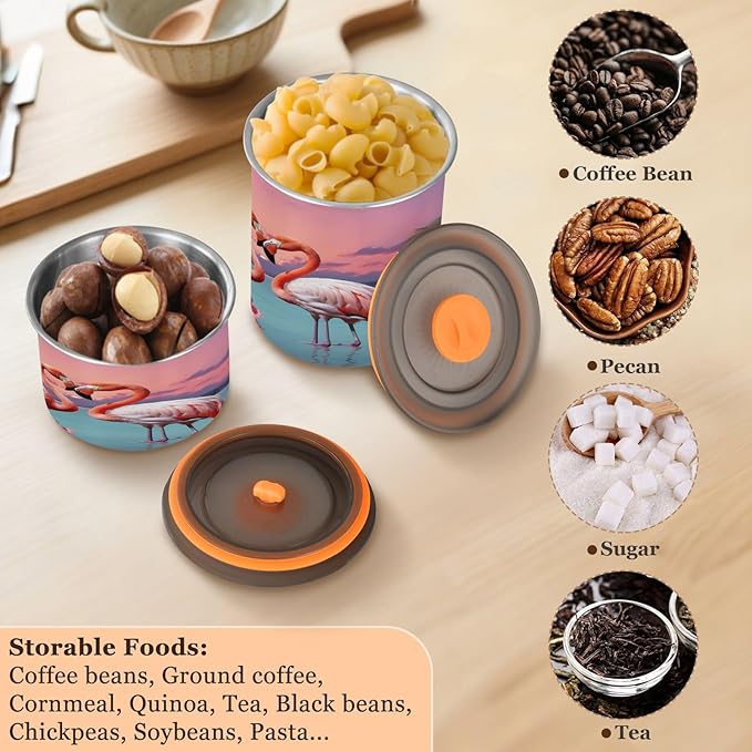 YETTASBIN Flamingo Airtight Food Storage Containers 500ml/19oz, Stainless Steel Coffee Canisters with Vacuum-Lock Lid for Kitchen Organization, Coffee Bean, Tea, Sugar, Flour