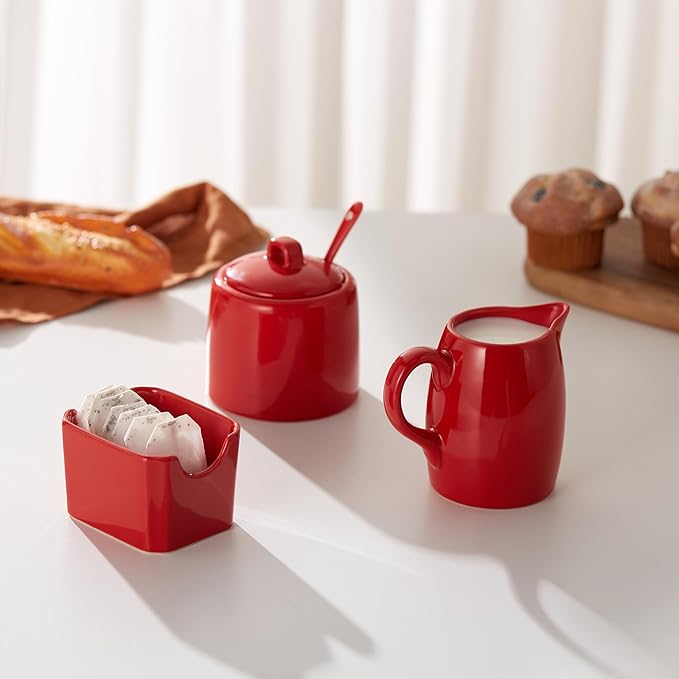 KooK Sugar and Creamer Set, 3 Piece, Pitcher, Sugar Bowl with Lid and Spoon, Sweetener Holder (Red)
