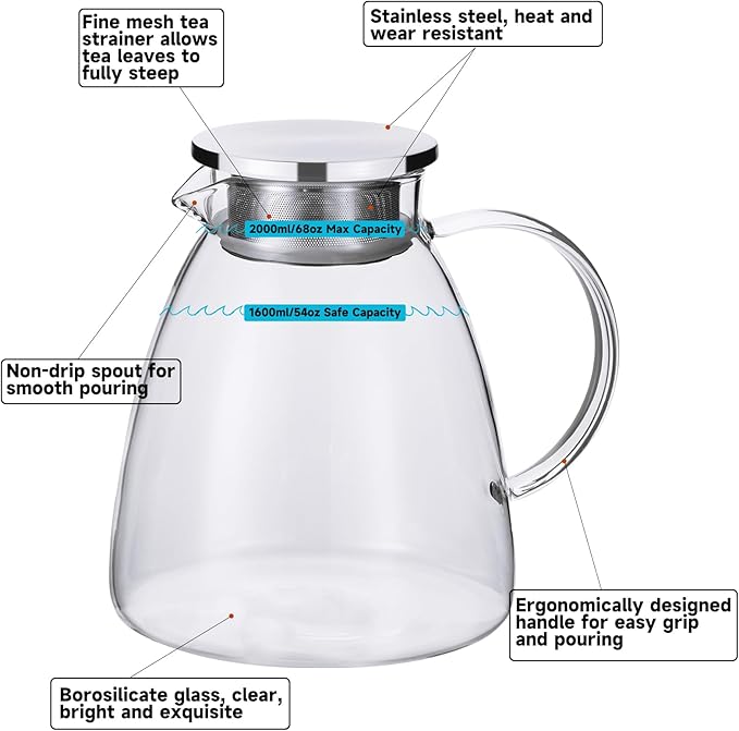 GURUDAR 68OZ/2000ML One Touch Glass Teapot with Stainless Steel Filter Lid, Stovetop & Microwave Safe Tea Maker Water Kettle, Strainer & Cover 2 in 1 Loose Leaf Tea Steeper Pot Coffee Carafe