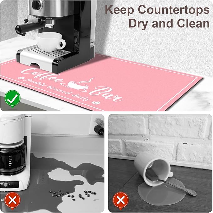 Absorbent Coffee Mat, Fashion Dish Drying Mat for Kitchen Counter Coffee Bar Accessories Espresso Machine Dish Rack 12" x 20" Pink
