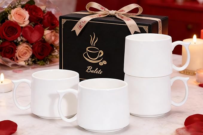 Coffee Mugs Gift Set of 4, Large 19 oz Stackable Ceramic Coffee Mug, Coffee Cups with Large Handle for Latte, Cappuccino, Milk, Dishwasher & Microwave Safe, Ideal Gift for Men, Women - White