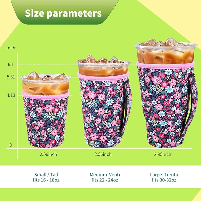 3 Pack Iced Coffee sleeve Insulated Neoprene Cup Sleeves with handle For Cold Drinks Beverages, Reusable Cup Holder for 16oz-32oz Coffee Cups (Flower Blooming)