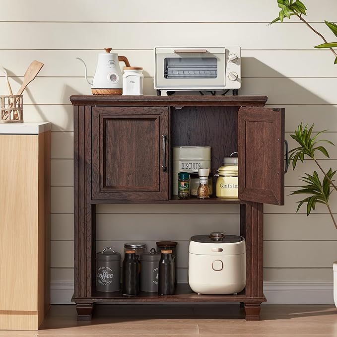 Farmhouse Coffee Bar Table with 2-Door Cabinet, Kitchen Storage Cabinets with Open Shelf, Coffee Station for Dining Room, Kitchen, Hallway, Living Room, Walnut