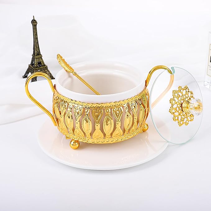 Flylin Sugar Bowl, Turkish Sugar Bowl with Lid and Spoon for for Candy Cookie Honey, Golden Vintage Glass Seasoning Jar for Home and Kitchen Coffee Bar