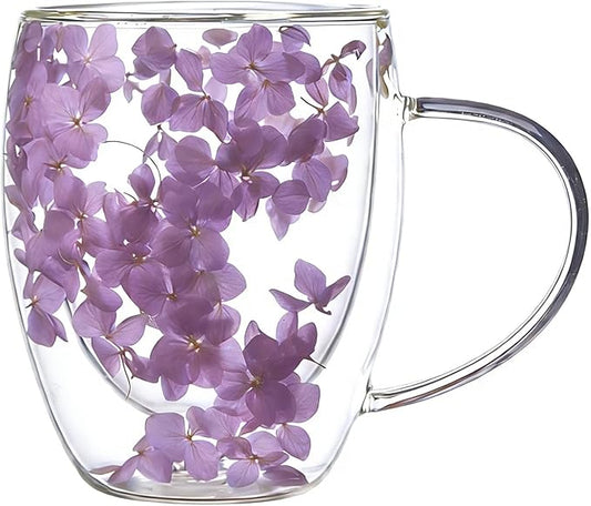 Double Wall Glass Coffee Mugs, 12 oz Clear Floral Insulated Glass Cups with Handle, Hand Blown Borosilicate Coffee Mug for Espresso, Cappuccino, Latte, Tea & Hot Beverages (Purple)