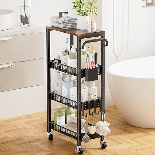 Slim Bathroom Storage Cart, 4 Tier Small Rolling Organizer Cabinet with Wood Top Handle, Mobile Shelving Unit Slide Out for Office, Kitchen, Laundry Room & Narrow Places (9.1" Overall Width)