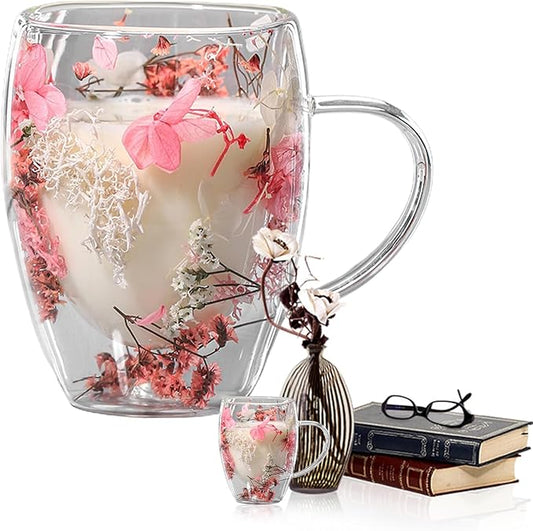 Flower Glass Double Wall Glass - 350ml Aesthetic Dried Flowers Double Wall Glass Coffee Mugs | Clear Glass Cups With Handle,Anti-Scalding Coffee Cups For Hot Beverages,Tea Or Coffee