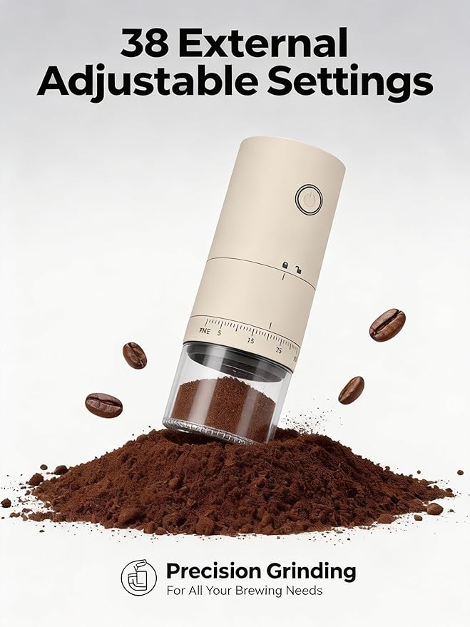LAMIDO Portable Electric Burr Coffee Grinder - Grind While Charging - 38 External Adjustable Grind Settings - 1.8X Faster Grinding - 2000 mAh Rechargeable Battery for Travel, Camping - Light Beige