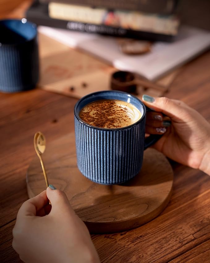 famiware Coffee Mug Set for 8, Star 12 oz Catering Mugs Cup Set with Handle for Coffee, Tea, Cocoa, Milk - Ceramic Stoneware Drinkware Set, Nebulas Blue