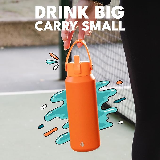 Elemental 40oz Insulated Water Bottle with Straw - 100% Leak-Proof Stainless Steel Core Water Bottles for Travel, Sports and Gym - Double Wall Insulation & BPA Free - Orange