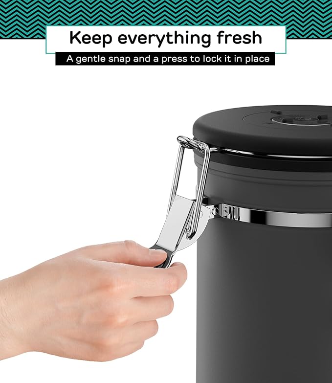 Coffee Gator Stainless Steel Canister - Medium 16oz, Gray Coffee Grounds and Beans Container with Date-Tracker, CO2-Release Valve, and Measuring Scoop - Ideal Coffee Lovers Gifts