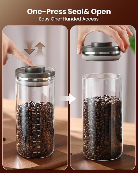 Coffee Canister with Airtight Lid, One-Press Button Borosilicate Glass Coffee Container with PP Silicone Lid, Food Storage Container for Grounds Coffee, 1lb Beans, Flour, Cereal, Sugar