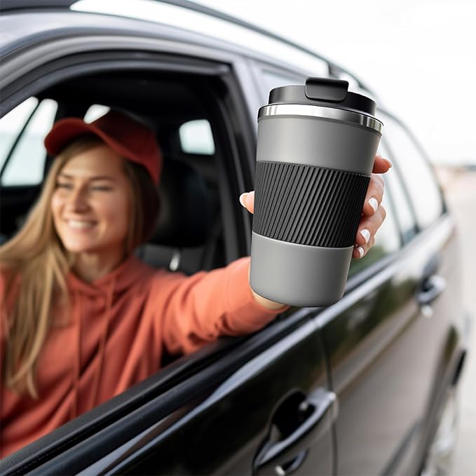 YINBAOGE Insulated Travel Coffee Mug, Spill & Leak Proof, Portable To Go Camping Stainless Steel Coffee Tumbler, Reusable Thermal Coffee Cup with Lid for Hot & Cold Drinks (Grey, 12 OZ)