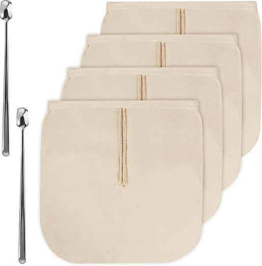 4 Pcs Reusable Cold Brew Coffee Bags with Drawstring for Toddy Systems Pitchers Mason Jars, Includes 2 Pcs Bonus Stainless Steel Spoons