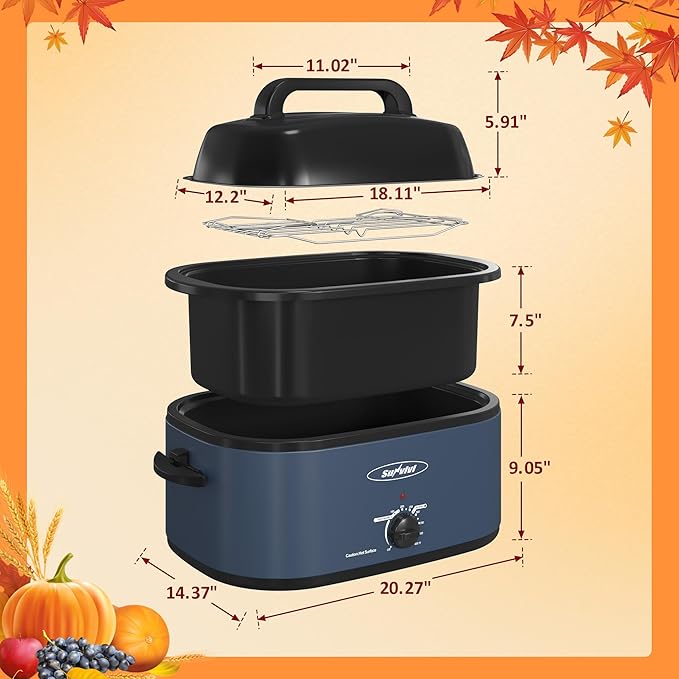 Sunvivi Electric Roaster, 26 Quart Electric Roaster Oven with Glass Lid, Turkey Roaster Oven Buffet with Self-Basting Lid, Removable Pan, Cool-Touch Handles, Blue
