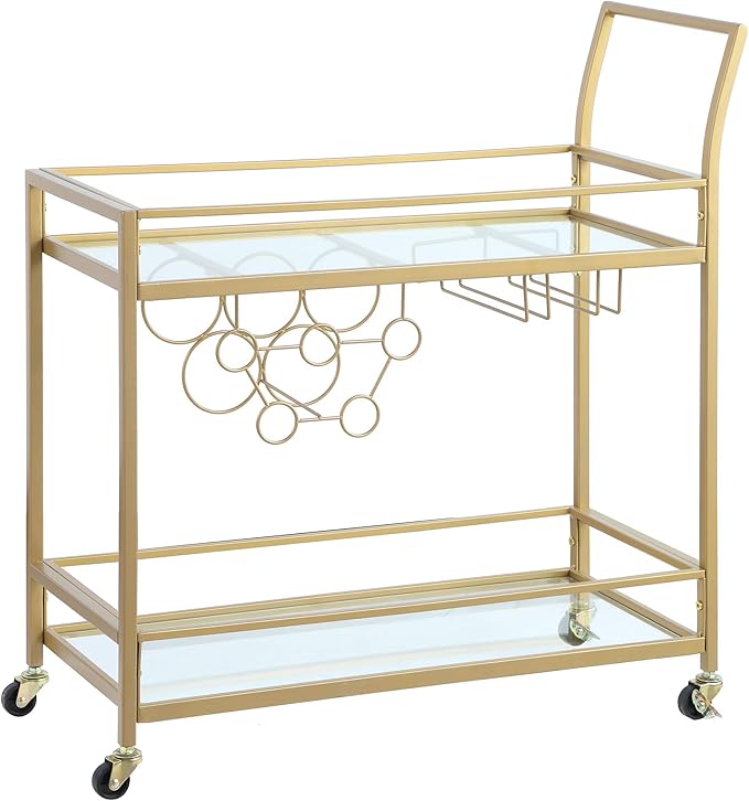 FirsTime & Co. Gold Francesca Bar Cart, 2 Tier Mobile Mini Bar, Kitchen Serving Cart and Coffee Station with Storage for Wine and Glasses, Metal and Glass, Modern