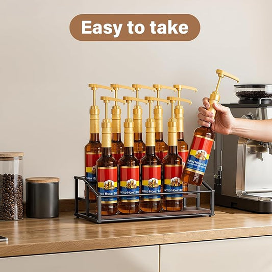 kimilus Coffee Syrup Organizer Rack, Liquor Bottle Display Shelf, 2 Tier 10 Syrup Bottles Holder Stand for Coffee Bar Kitchen Small Wine Rack for Family Storage for Syrup Wine Dressing