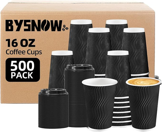 BYSNOW 16 oz Coffee Cups with Lids, 500 Pack Disposable Coffee Cups Insulated Ripple Paper Cups for Water, Juice, Espresso (Black 16 oz)