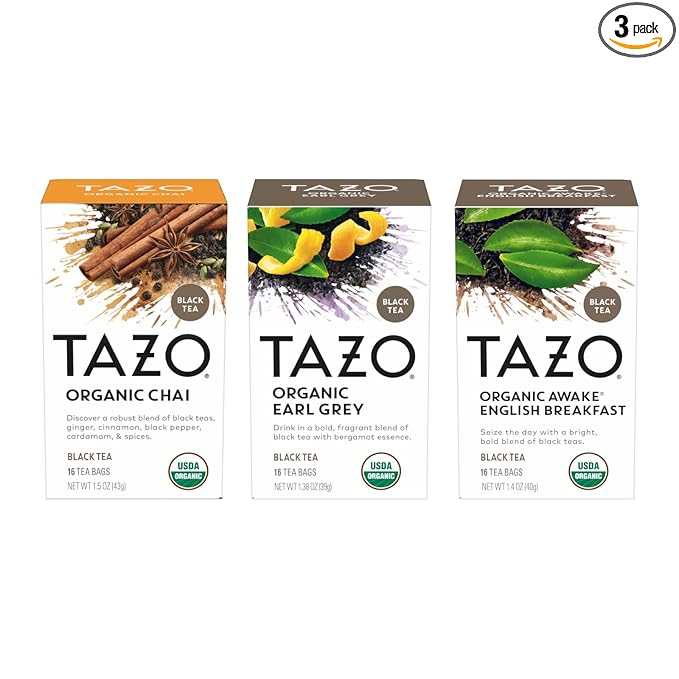 TAZO Tea Bags, Regenerative Organic: Chai Black Tea, Awake English Breakfast Black Tea, & Earl Grey Tea 16 CT (1ea) (Variety Pack)