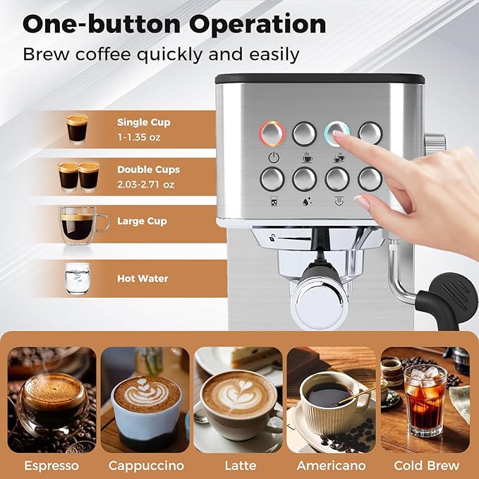 COSTWAY Espresso Machine 20 Bar, Compact Stainless Steel Coffee Maker with Milk Frother, 57OZ Removable Water Tank and Hot Water Function for Late, Cappuccino and Cold Brew