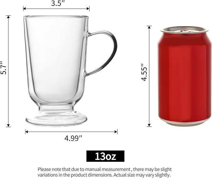 NIRA.Z 12.5 OZ Double Walled Glass Coffee Mugs with Handle Set of 4 Clear Insulated Irish Coffee Cups Hand Blown Glass Cups for Hot Cold Beverages, Cappuccino, Latte, Tea, Espresso, Juice, Americano