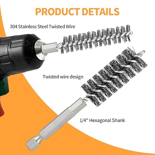 Bore Brush for Drill – 8pcs Stainless Steel Wire Tube Brush in Different Sizes, Twisted Wire Cleaning Brush with 1/4" Hex Shank, bore Brush Copper Pipe Cleaner for Power Drill & Tube Cleaning