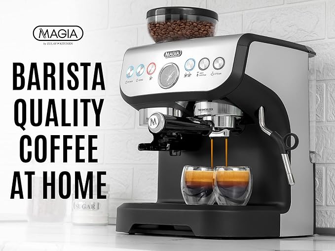 Zulay Kitchen Magia Manual Espresso Machine with Built-In Grinder & Steam Wand – 15 Bar Pressure Espresso Maker, 2L Removable Water Tank, Milk Frother, Complete Home Barista Set, Black & Silver