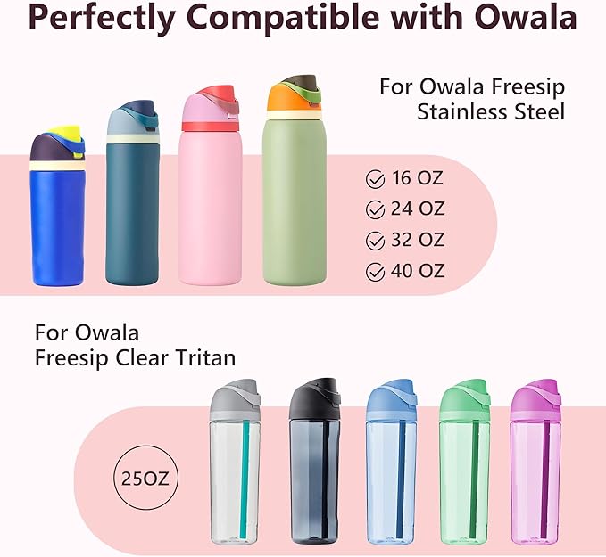 2 IN 1 Replacement Lid for Owala Freesip, Compatible with Owala Cup 16oz 24oz 32oz 40oz, One Button Water Bottle Top Lid Replacement Accessory and Straws, Leakproof, BPA-Free, Pink